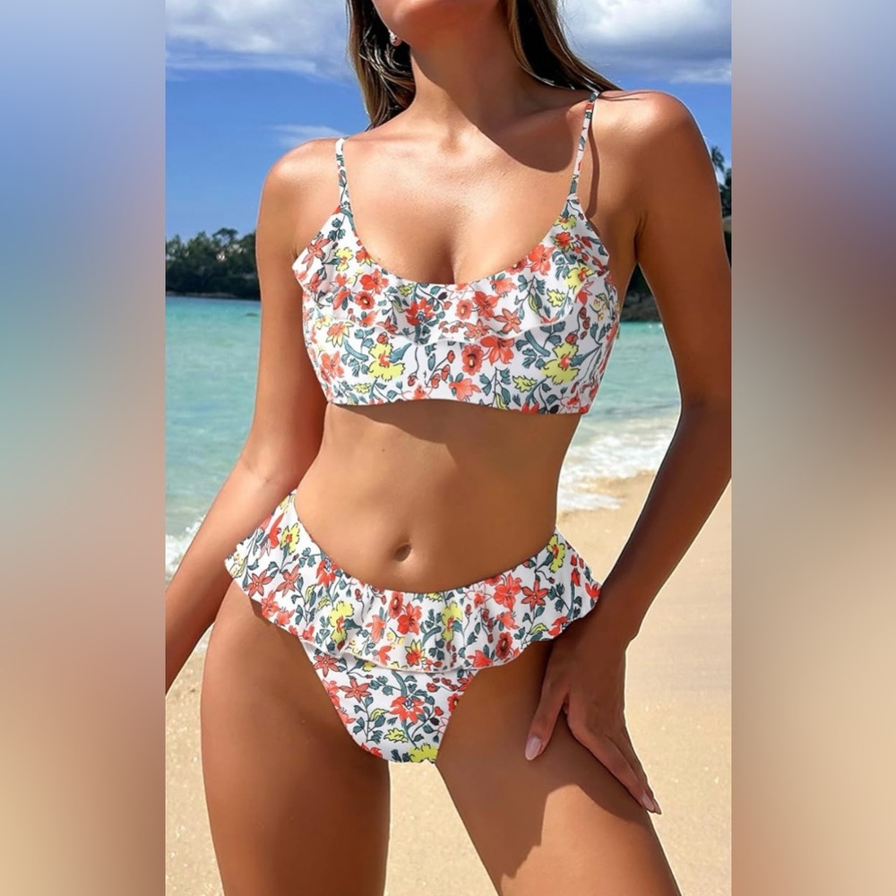NWT ZAFUL Floral Ruffle Scoop Neck Lace Up Bikini w/ High Cut Bottoms Women’s S